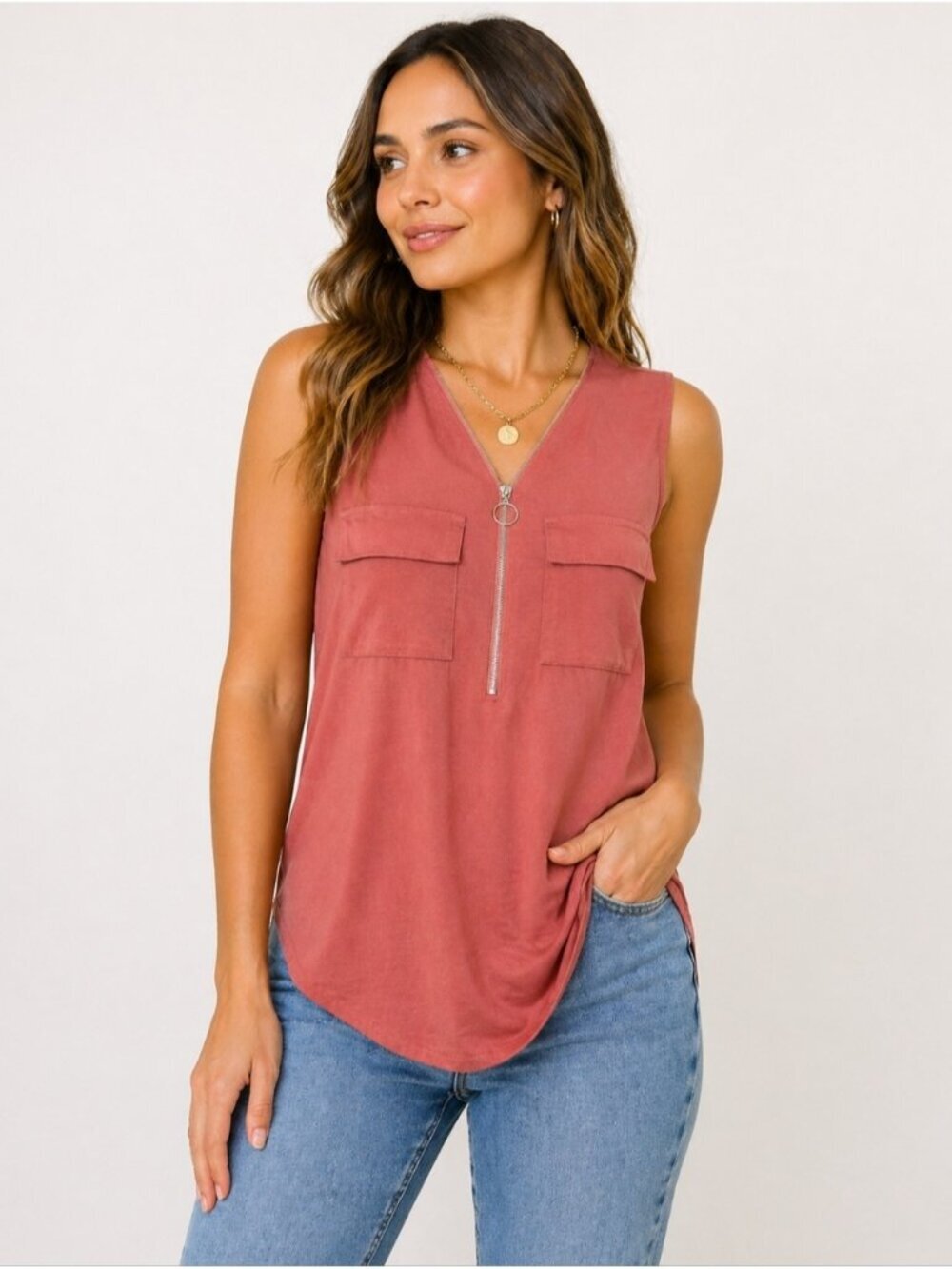 Ardene Sleeveless Blouse Medium Rust Zip Front Pocket Tank Top Casual Summer
